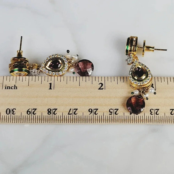 Statement Cocktail Earrings Dangle Drop Pierced Purple Green Delicate Pe… - Picture 11 of 12